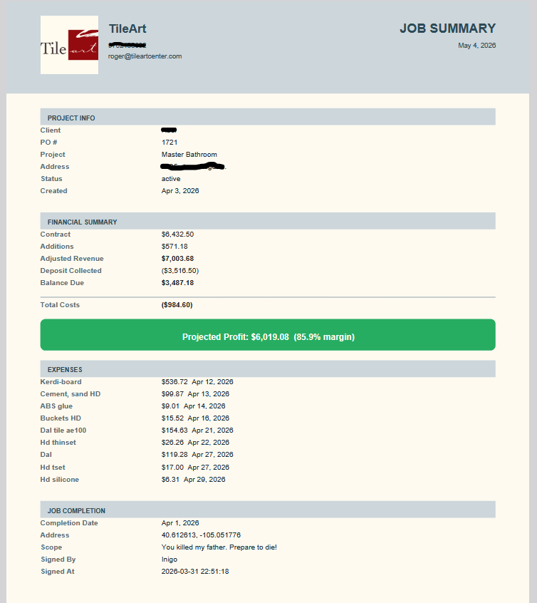 ProjectTracker job summary PDF — click to open full PDF